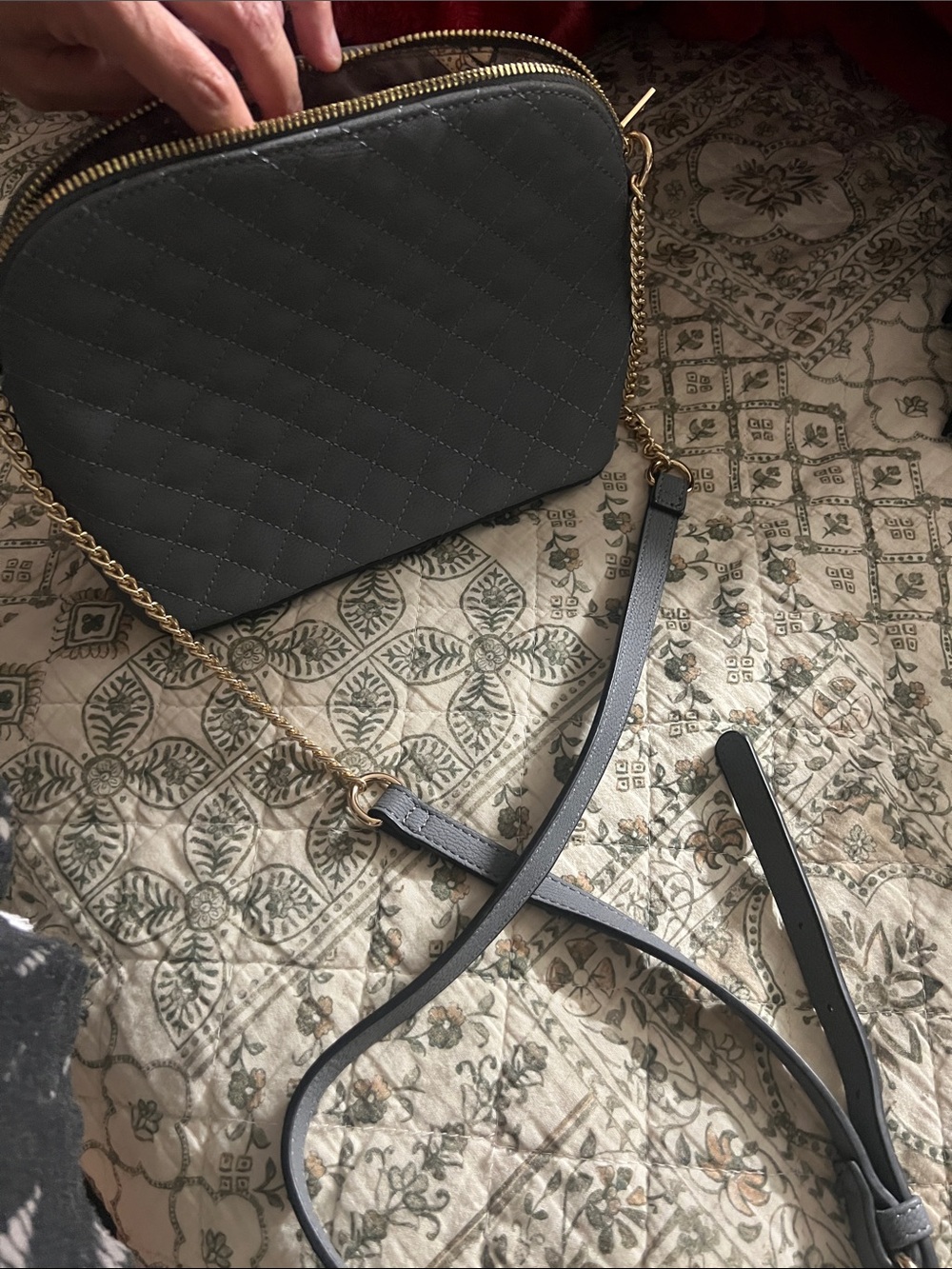 Quilted Gray Crossbody Bag with Gold Chain Strap